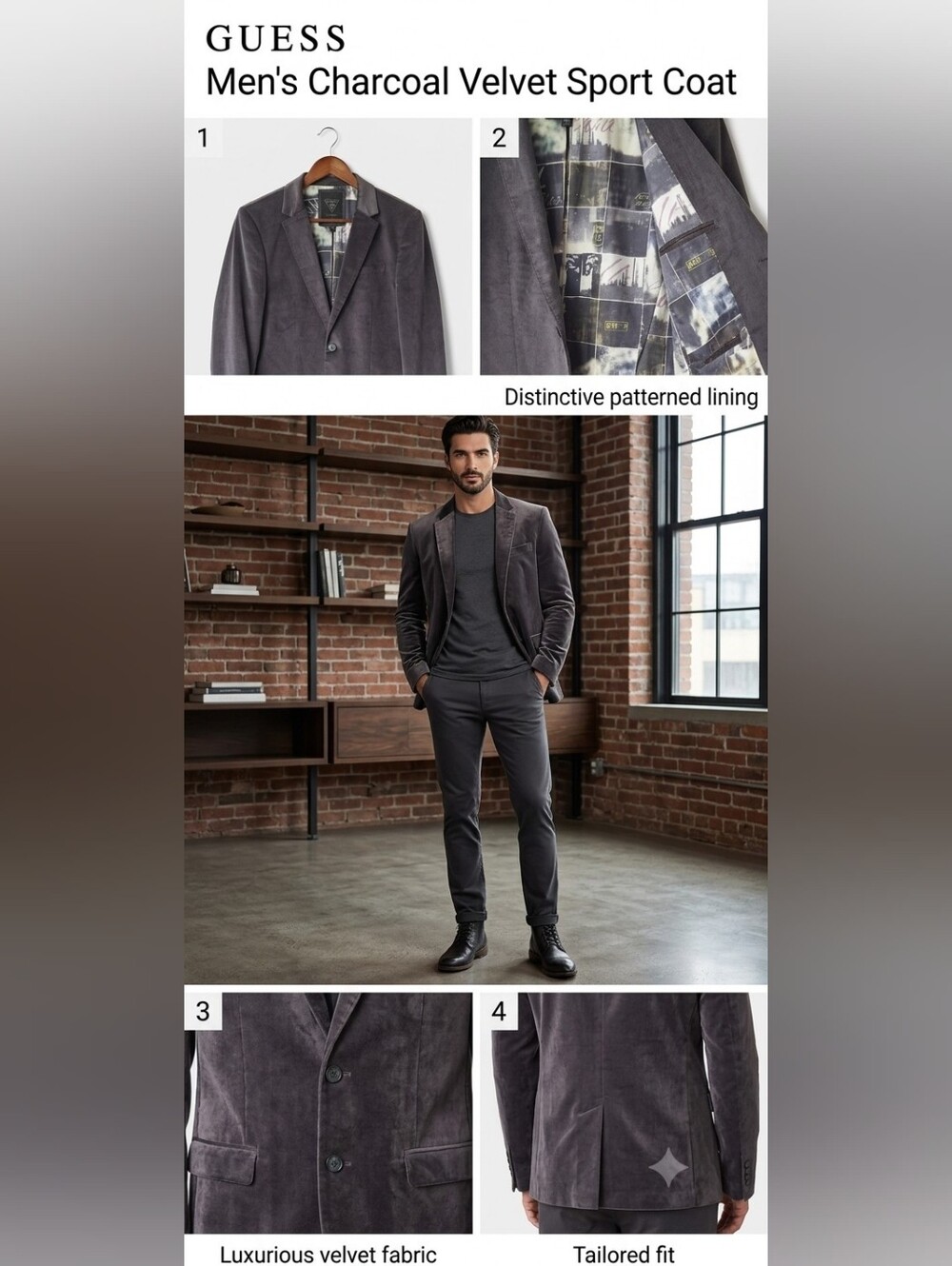GUESS Men's Charcoal Velvet Sport Coat